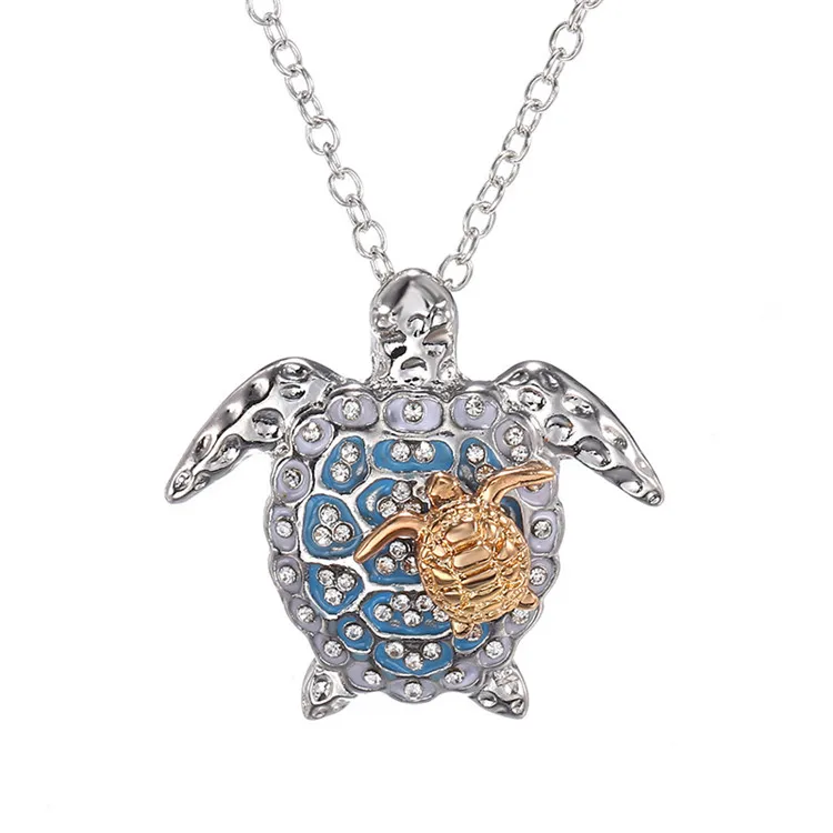 

Summer Beach Jewelry Crystal Two Tone Gold Cute Animal Sea Turtle Necklace Rhinestone Sea Turtle Pendant Necklace