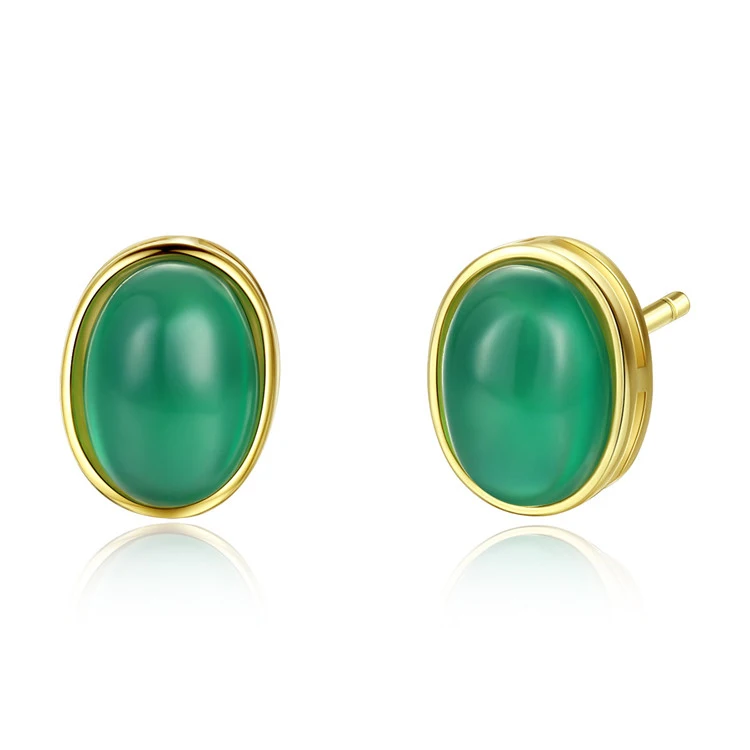 

Lady Fashion Initial 925 Sterling Silver Pure Gold Oval Emerald Stud Earring