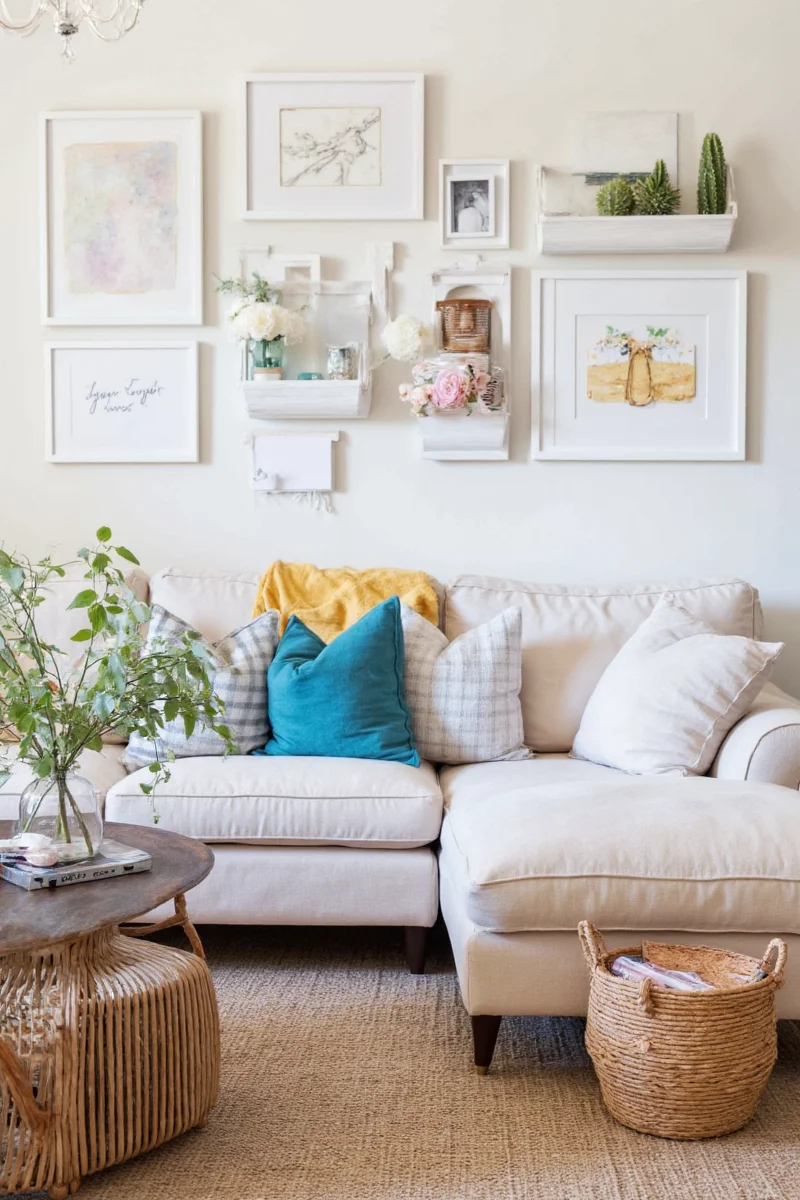 Mini bookshelf, beanbags, and floor lamp in corner