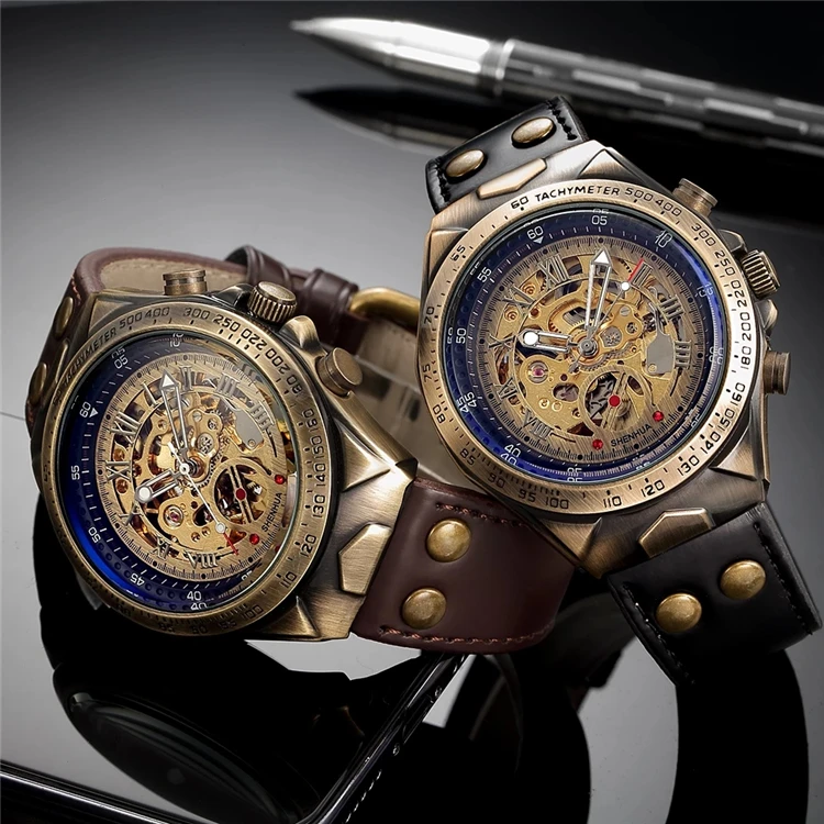 

SHENHUA Motorcycle New Design Transparent Genuine Bronze Belt Waterproof Skeleton Men Automatic Watches Clock 2021