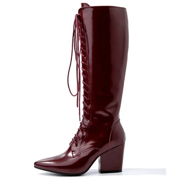 

Women Korean Lace up PointyToe Boots Western Female Knee High Square Heel Shiny PU Booties Calf High Lady Formal Sexy Long Boots, Black cream winered