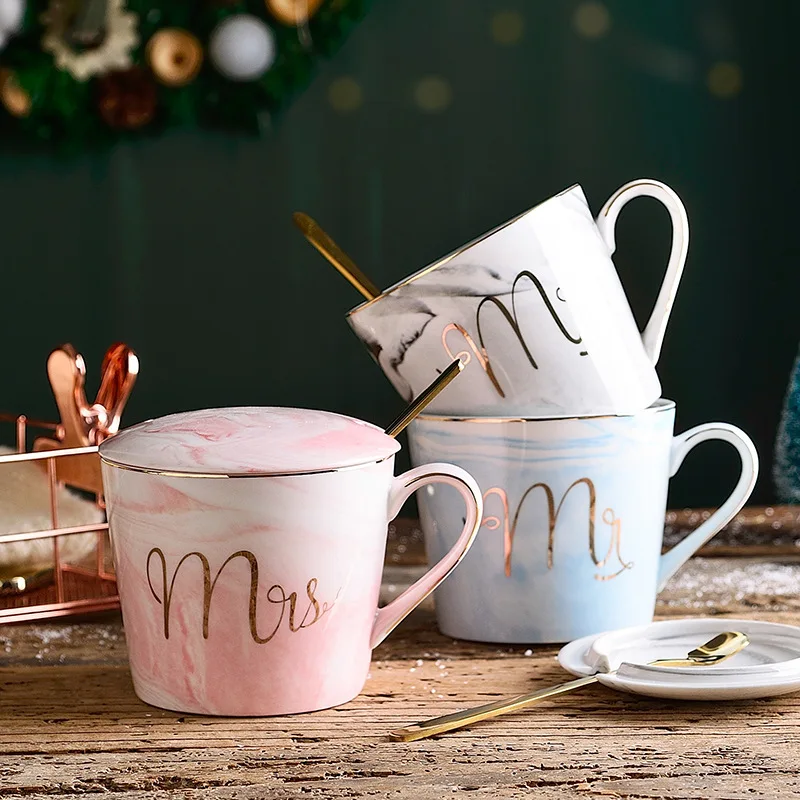 

Seaygift luxury gift wholesale Creative European Custom gold logo coffee cup couple marble ceramic mug for wedding, Pink/blue