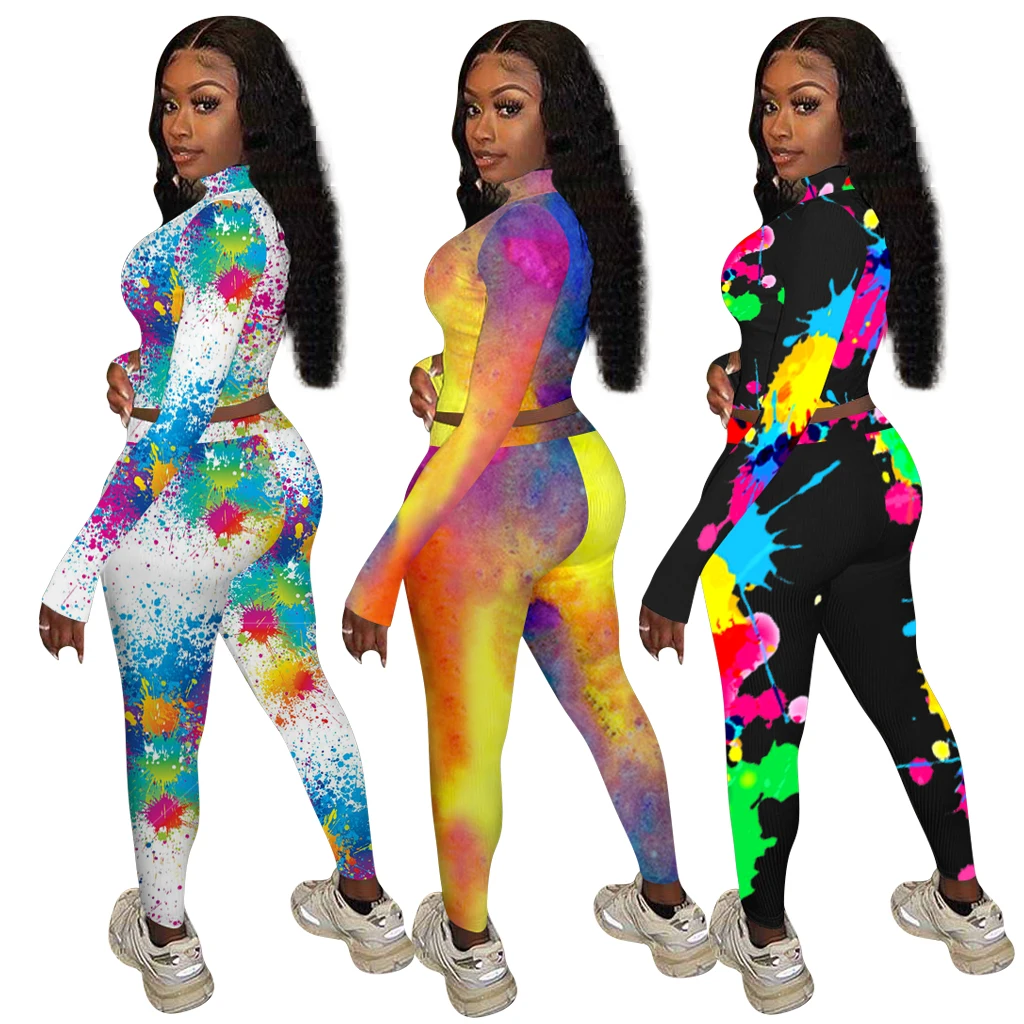 

Custom Logo Fashion Multicolor Printed Zipper Sports Trousers Two Piece women Plus Size Suit, As picture