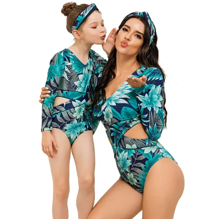 

New Design Baby Girls And Mother Green Printing Long Sleeve One Piece Beachwear, White and blue