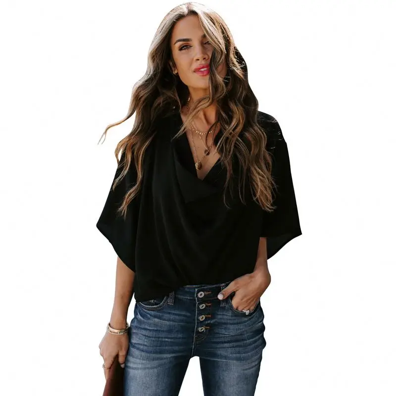

Summer Black Casual Women Draped Ladies' Blouses