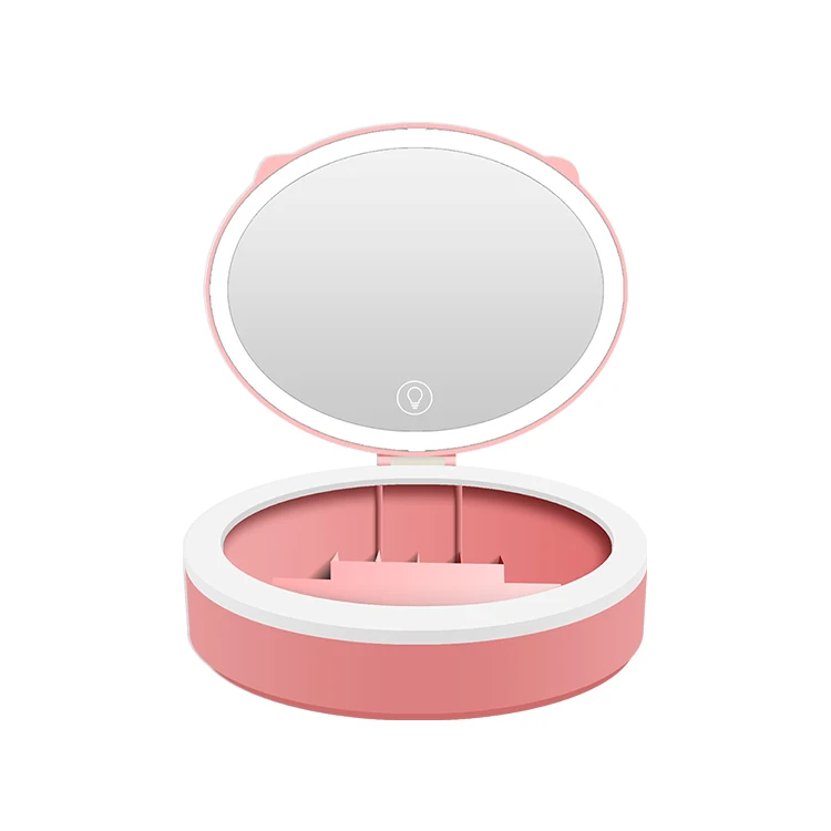 

New Products 2019 Storage Box Cosmetic Mirror LED Make Up Mirror With 10X detachable round mirror, White/pink/red/customized
