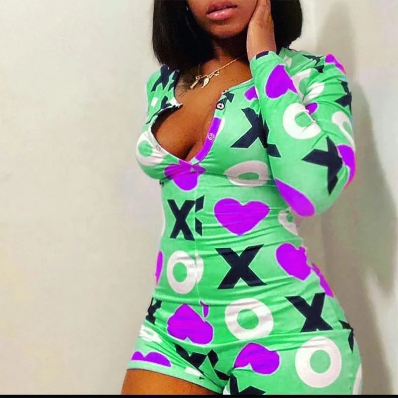 

Onesie Pajama for Women V Neck Bodycon Bodysuit Romper Custom Sleepwear Pajamas, Picture shows