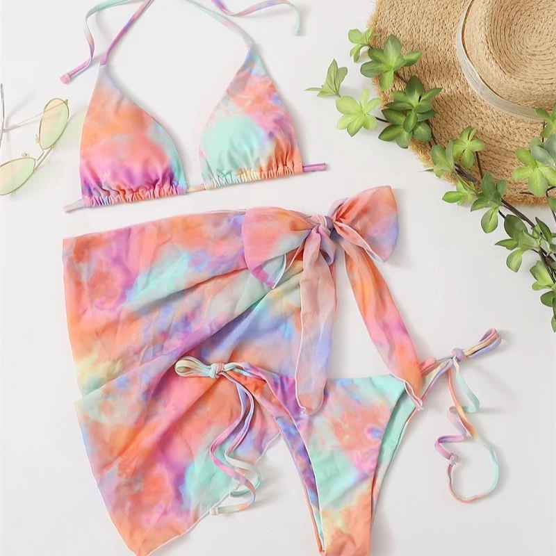 

cheap Custom Logo New Tie Dye Sexy Women 2021 3 piece bikini Swimsuit set