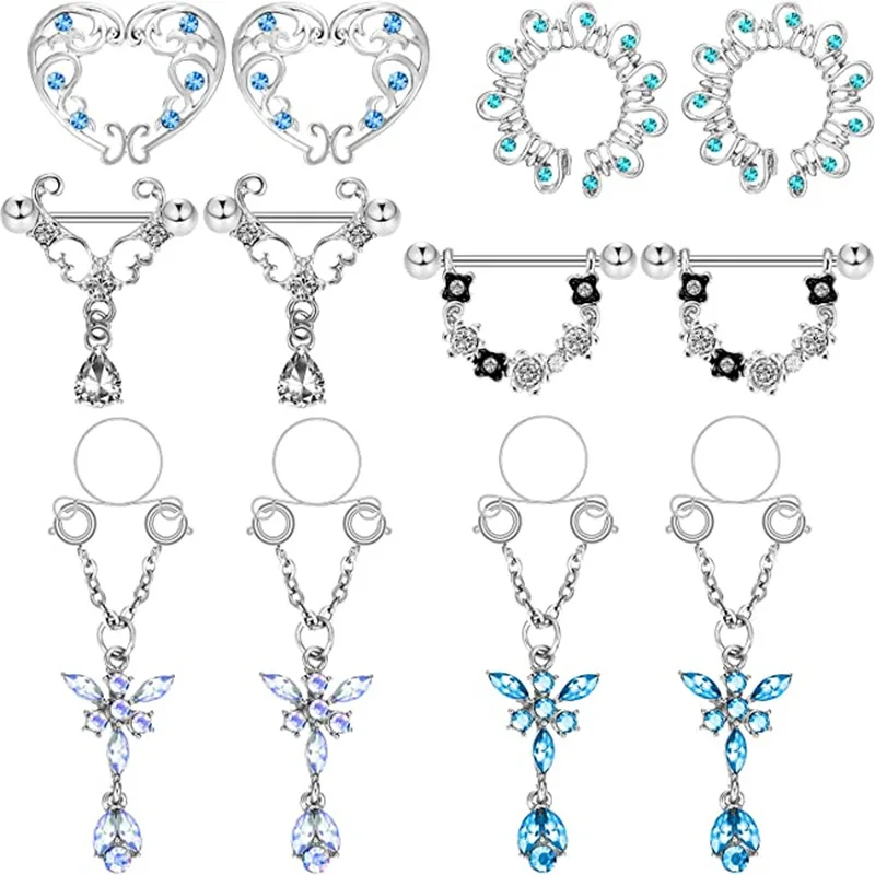 

HOVANCI 3 Heart Butterfly Shaped 6 pairs of nipple ring set optional puncture set combination stainless steel piercing jewelry, As picture