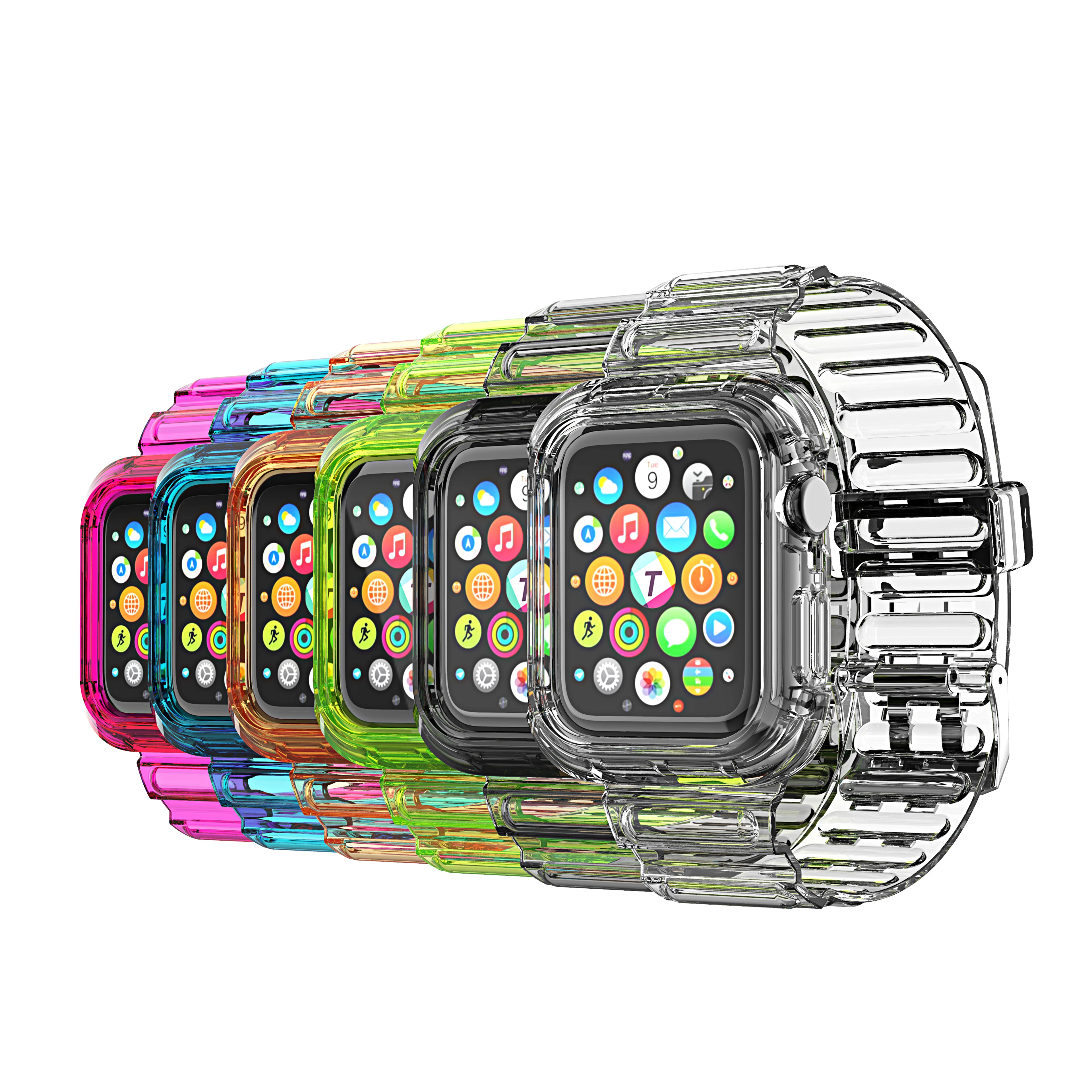 

tpu clear transparent neon 2 in 1 integrated smart watch strap bands for apple wrist watch band for apple watch series 6 5 4 3, Neon transparent multicolor