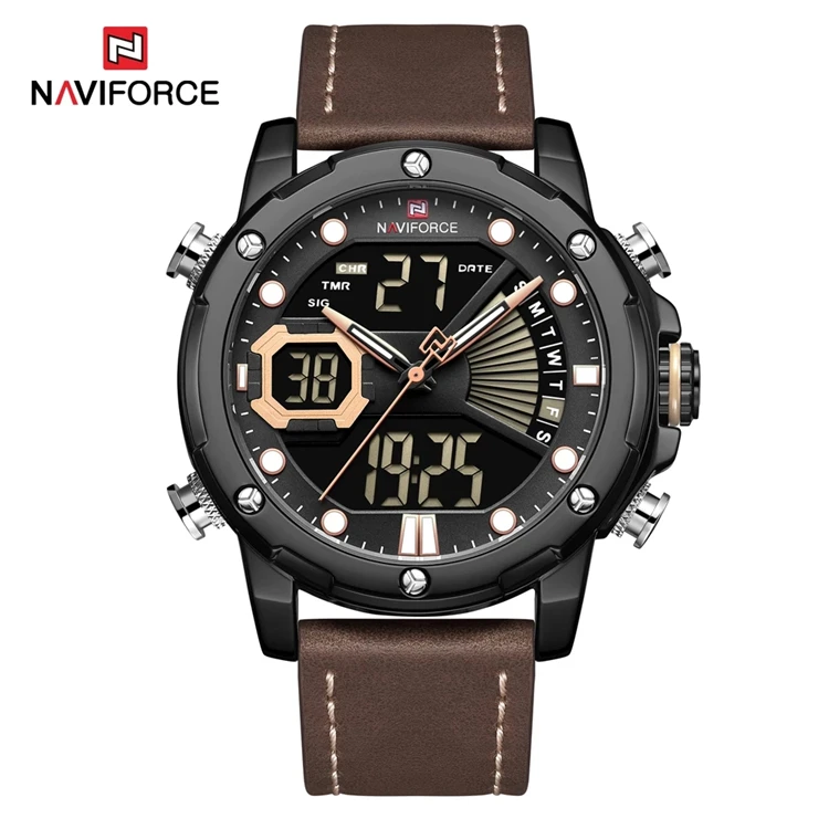 

NAVIFORCE Casual Men Leather Strap Wrist Watch Dual Display Quartz Watches Waterproof Digital Military Sport Clock Relogio Mascu