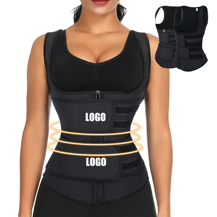 

2019 Latest Design Custom Logo Latex Double Belt Zipper Body Slimming Shapers Women Sweat Waist Trainer Vest, Grey women neoprene body shapers