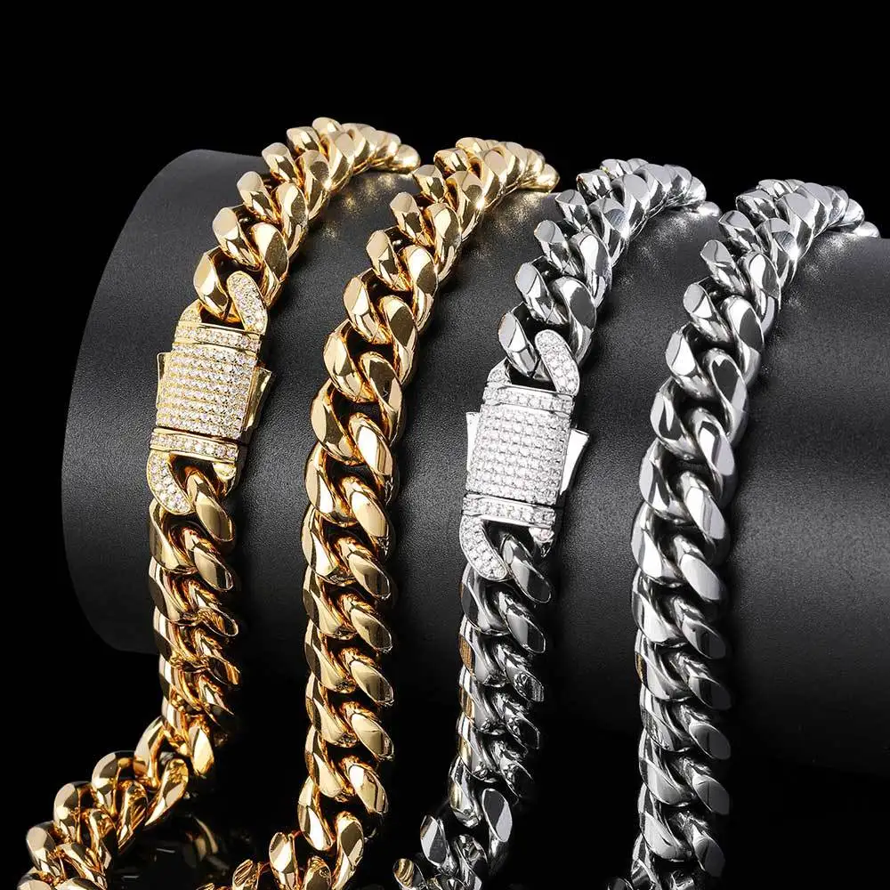 

Men's Gold Plated Stainless Steel Cuban Link Necklace Fashionable Hip Hop Miami Zircon Spring Buckle Jewelry