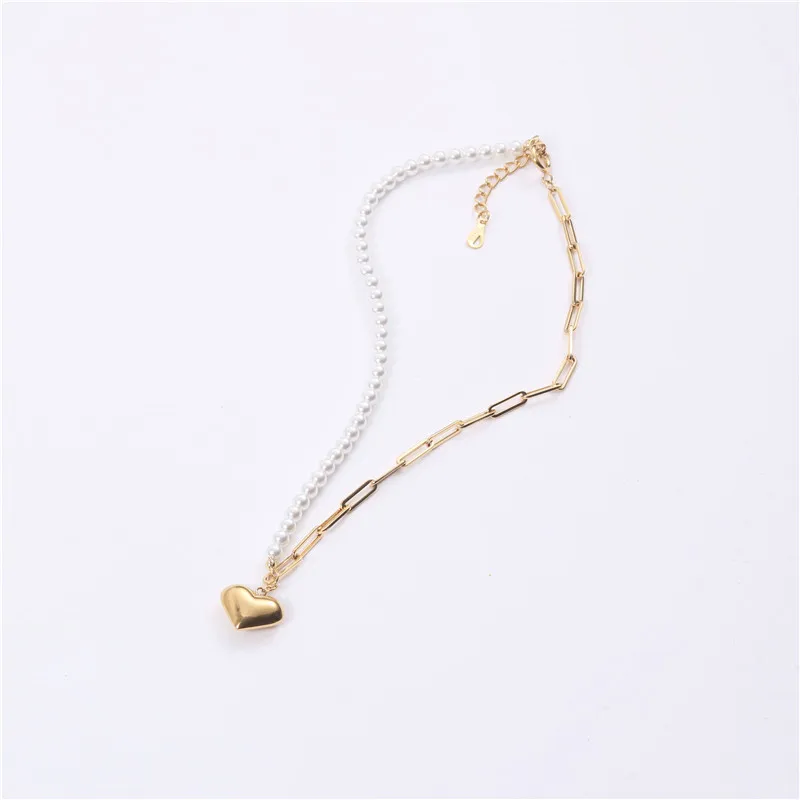 

Joolim Jewelry Mismatching Paperlink Chain Pearl Heart Necklace Stainless Steel Jewelry