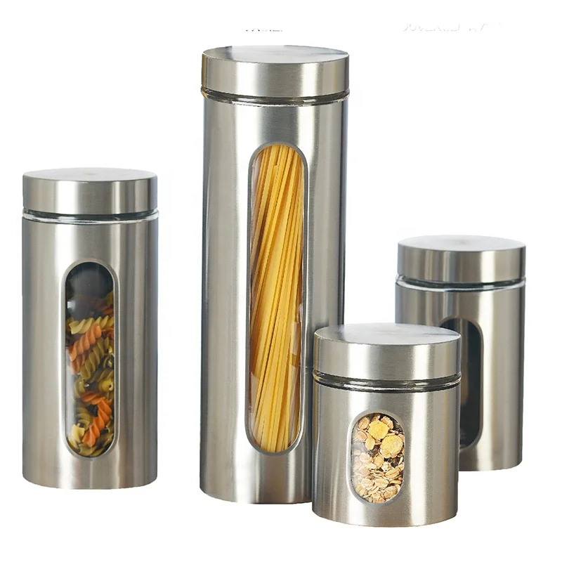 

4 Piece silver round Brushed Stainless Steel storage jar and Glass Canisters jars with Window wiht metal lid, Transparent