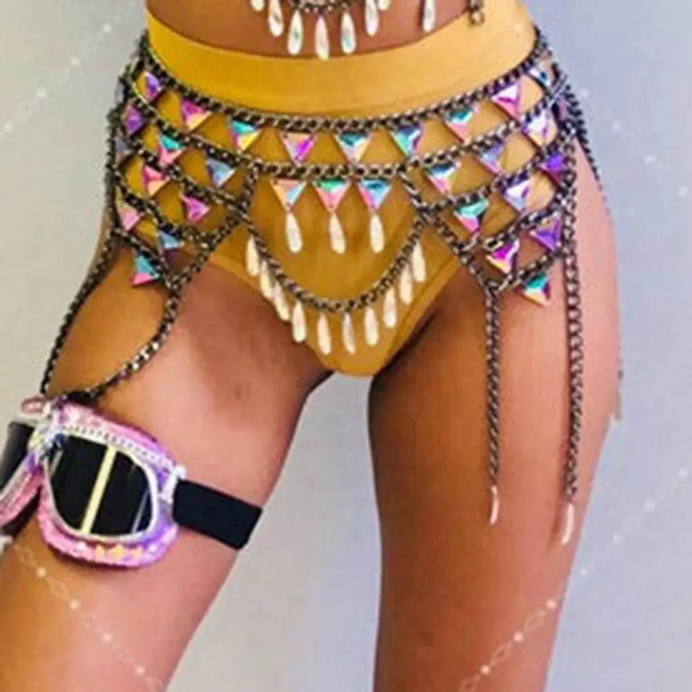 

Boho Sexy Fashion Acrylic Geometric personality body chain multi-layer color water drop waist Body Jewelry Accessories for Women, Black