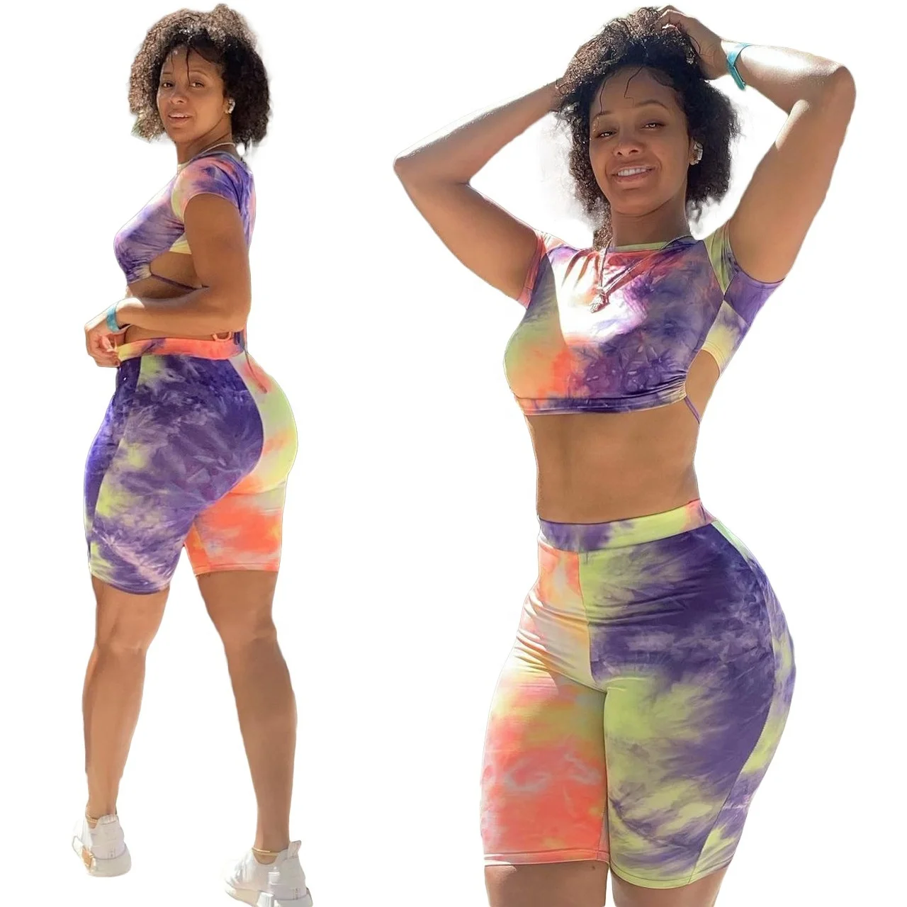 

2021 Popular Design Summer 2 Piece Women Tie Dye Printed Backless Casual Crop Tops Shorts Outfit Matching Sets