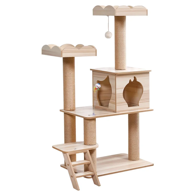 

High Quality Luxury Solid Wood Large Cat Scratcher Tree House Tower Toy Wooden Modern Cat Tree, As shown