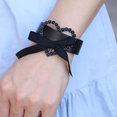 

BR-0247 Personalized Heart Bowknot Bracelet Alloy Diamond Love Leather Bracelet Women Jewelry Womens Men Bracelets And Charms, Multi