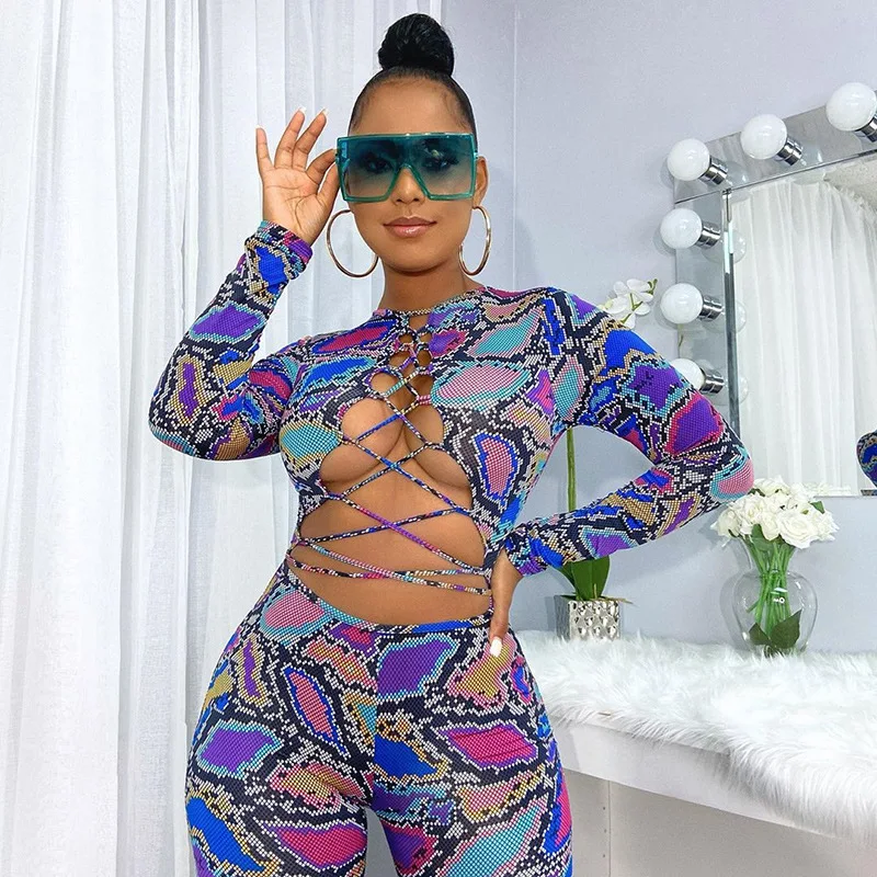 

New design women printed crop top with pencil pants hollow out slim club jumpsuits