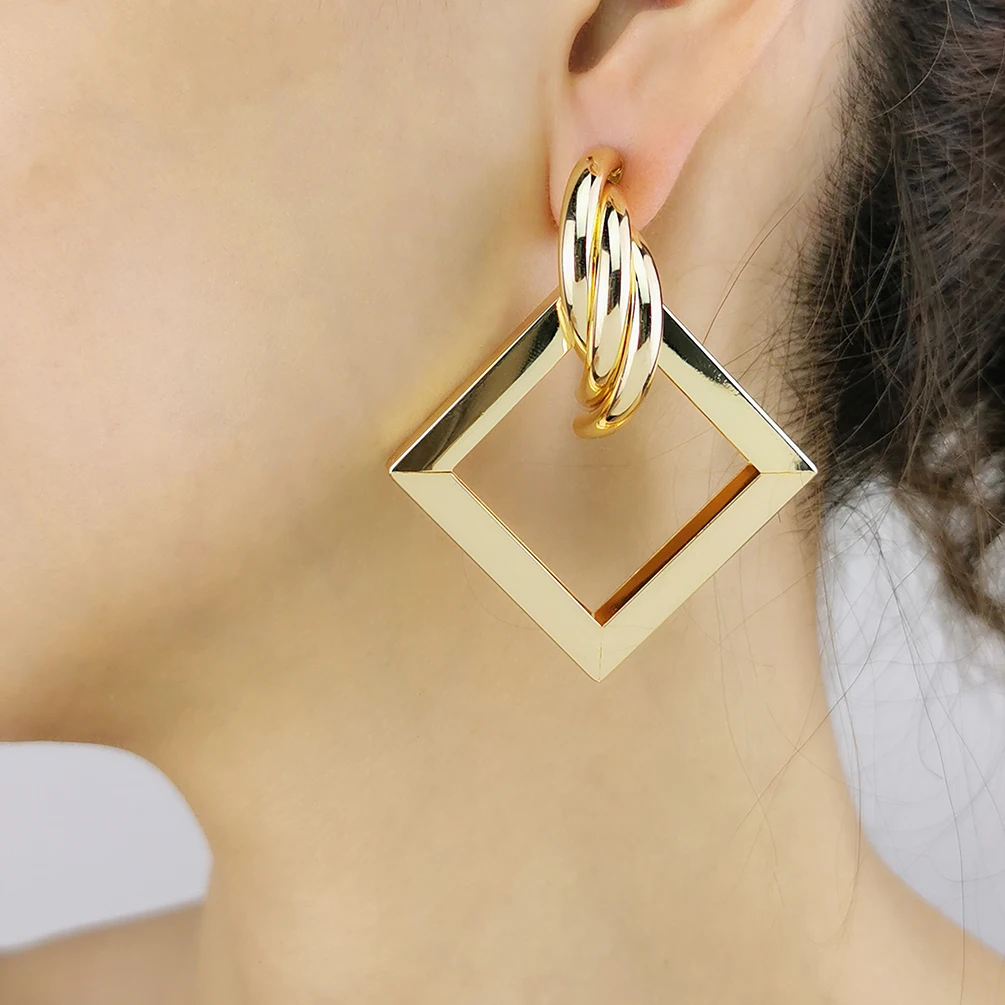 

2020 Newest Bohemian jewelry Geometric Statement Earrings For Women twining Rectangle Hoop Stud Earrings, Gold
