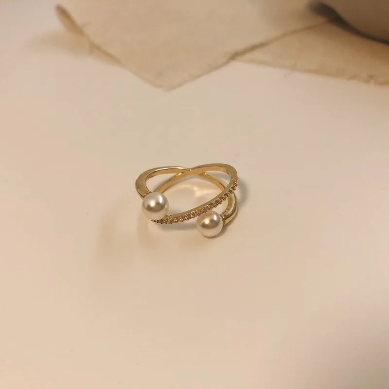 

Delicate And Simple Pearls Cross Ring Open Ring Women Two Finger Ring