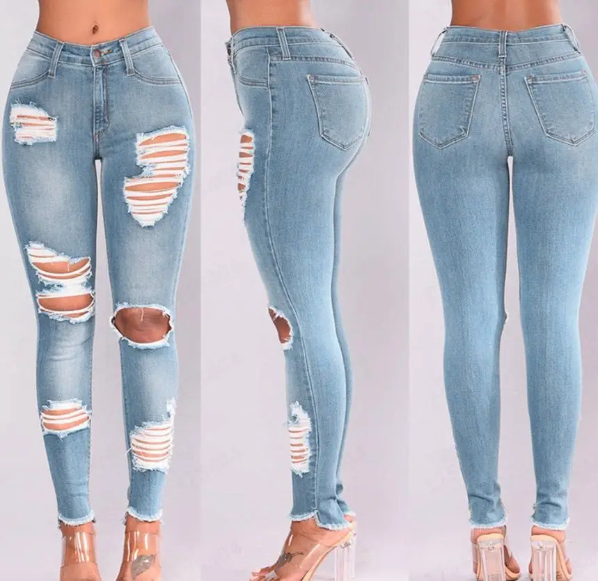 

Wholesale women jeans denim hole skinny pants high quality stretchy pencil pants highwaist blue jeans, Light blue or customized