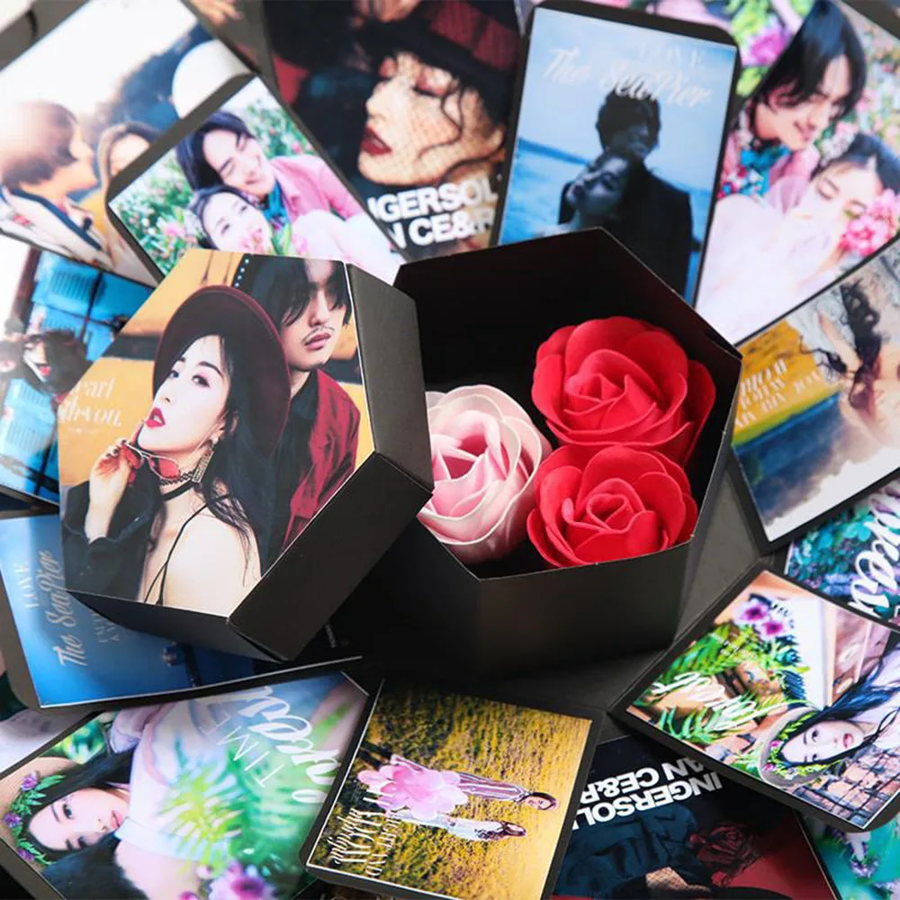
Explosion Surprise Rose Gift Handmade Birthday Anniversary Wedding Black DIY Photo Album Scrapbook Explosion Packaging Box 