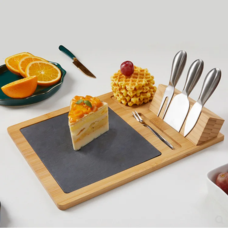 

Black Slate Cheese Cutting Board,large Holiday Gift Platter Bamboo Cheese Board With Slate Serving Tray