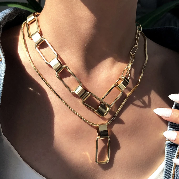 

Exaggerated hip-hop multi-layer lock pendant clavicle chain personality new geometric thick chain necklace female