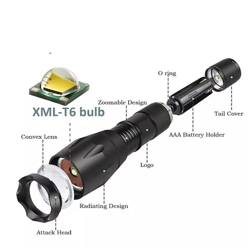 2000LM X-XML T6 LED Zoomable Flashlight Torch Lamp Light 18650 GA