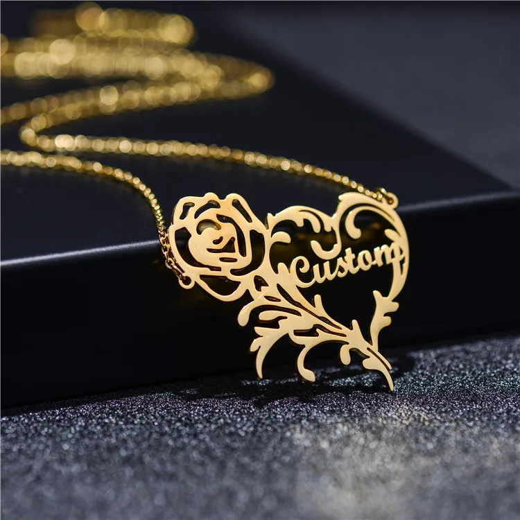 

High Quality Personalized Cuban Mini Custom Nameplate Necklace Rose Flower Heart Shaped Gold Name Necklace