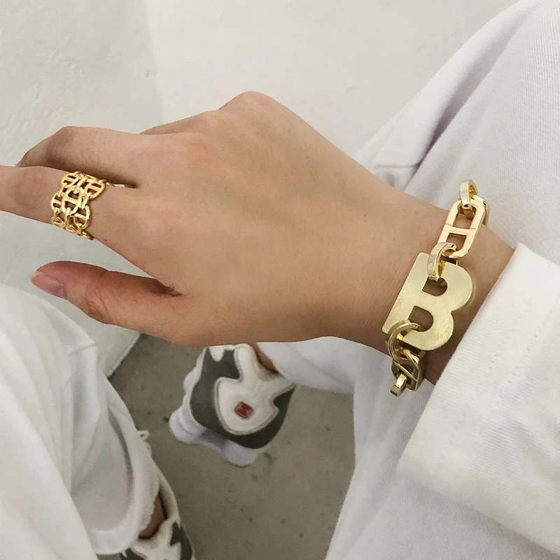 

2021 New Design Gold Color Metal Letter B Bracelets for Women Thick Link Chain Bracelet Fashion Jewelry, Gold,sliver,rose gold