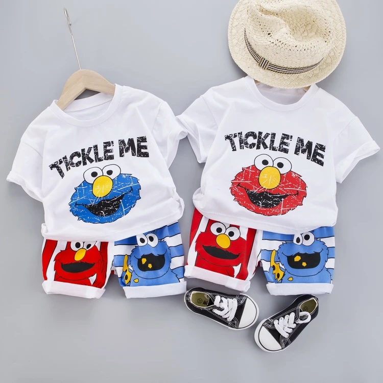 

[In Stock] 0-5 years old children's fashion suit cotton letters cartoon short-sleeved T-shirt + striped shorts two-piece suit