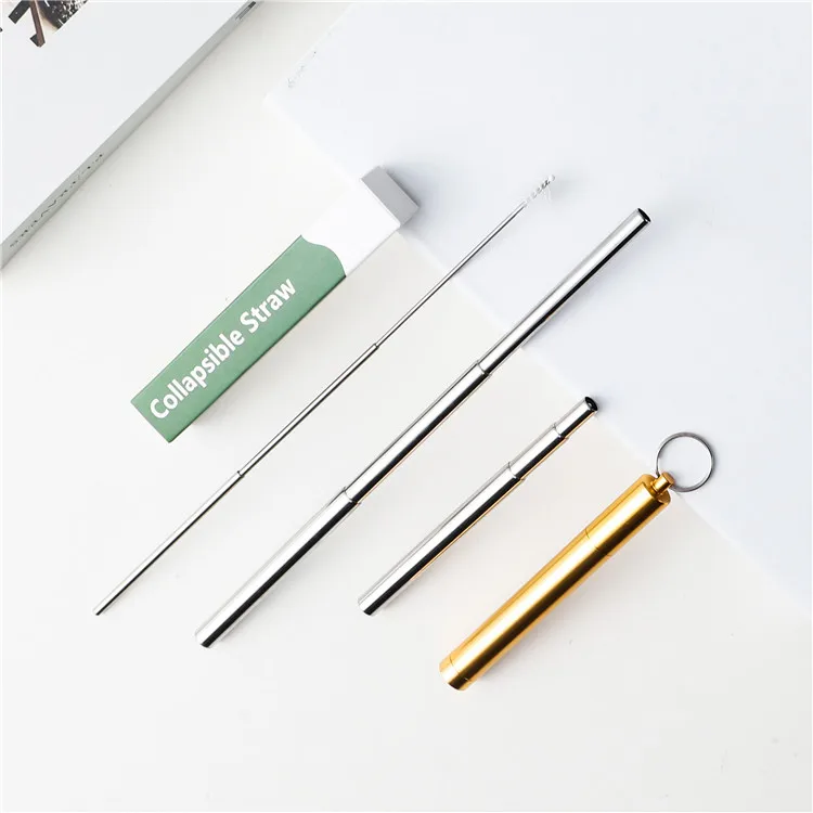 

wholesale portable travel outdoor collapsible stainless steel reusable straw drinking straws with cleaning brush, Customized