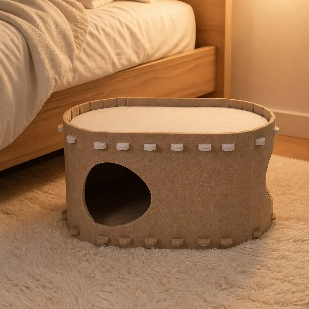 Felt cat cave blending into a cozy bedroom