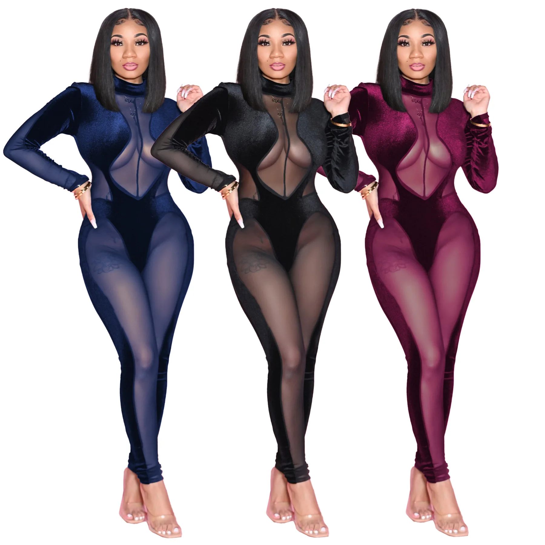 

New R08324 - Sexy Fit Solid Patchwork Velvet Mesh Long Sleeve Jumpsuit