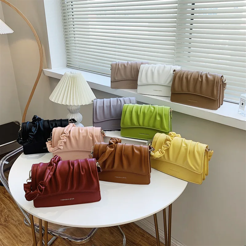 

New Pleated Solid Lady Handbag Fashion Elegant Letter Underarm Bags