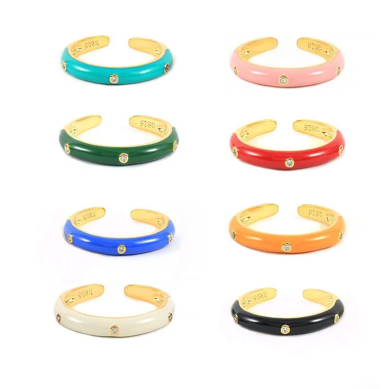 

Wholesale Fashion Jewelry 925 Sterling Silver Zircon Enamel Ring Simple 18K Gold Plated Colorful Adjustable Ring For Women