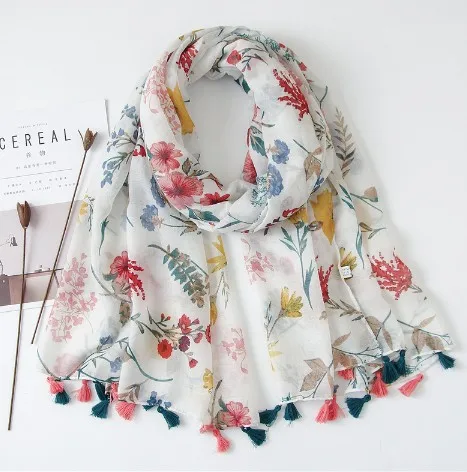 

Hot Selling Soft Scarf Wholesale 90*180cm Flower Print Cotton Tassel Scarf For Women