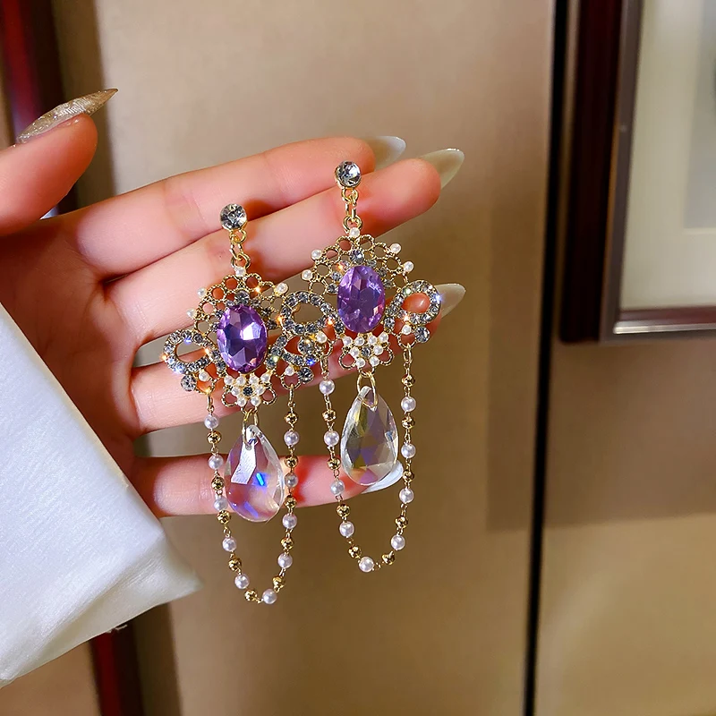 

2021 fashion purple crystal cross dangle earings