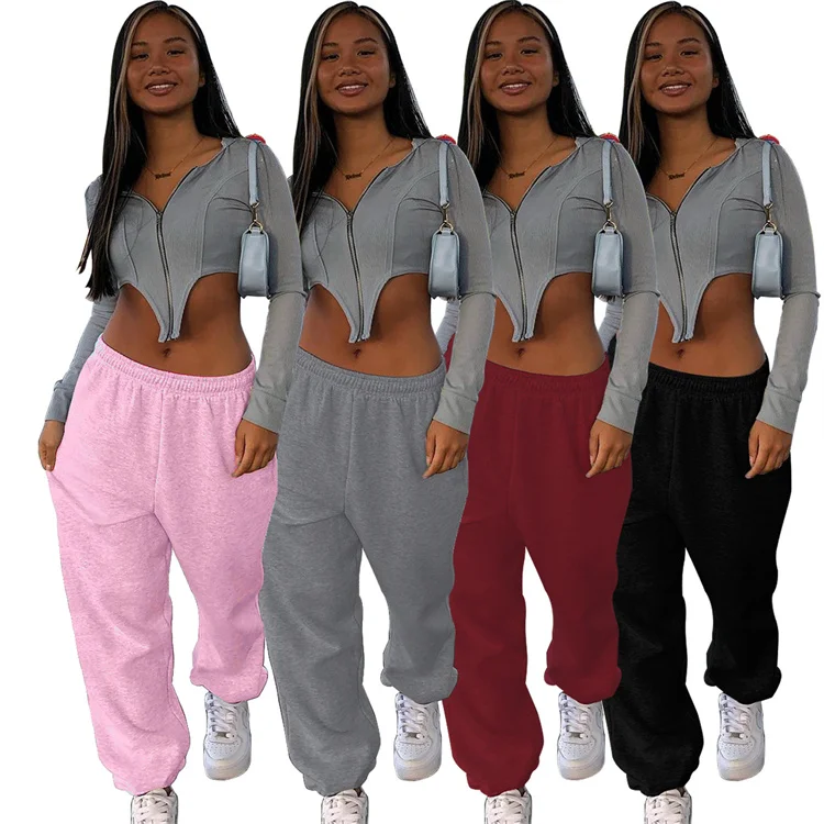 

Casual Mid Waist Drawstring Women Sweat Pants With Ruched Sides Solid Stacked Pants Legging, Customized color