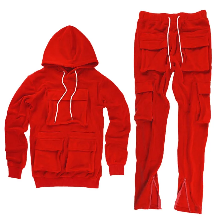 

Custom LOGO Fall Winter Fleece 2 Piece Set Men Cargo Tracksuits Pockets Long Pants And Hoodie Jogging Suits For Men, As picture