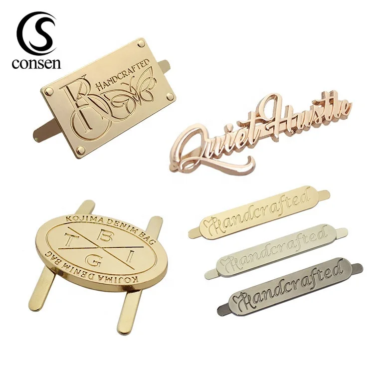 

Bag hardware labels custom gold small brand name letters engraved metal tags plate for handbags