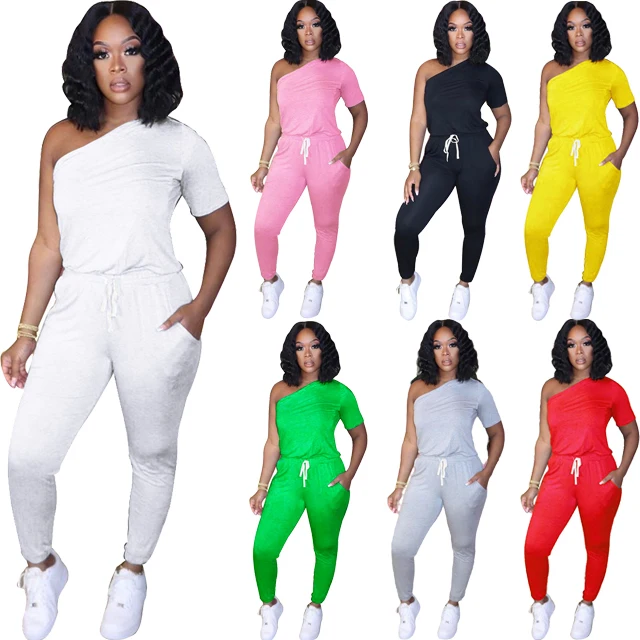 

GX140 Fashion Slant Shoulder Half Sleeve Solid Drawstring Sports Jumpsuit Women Off The Shoulder Jumpsuit, Picture