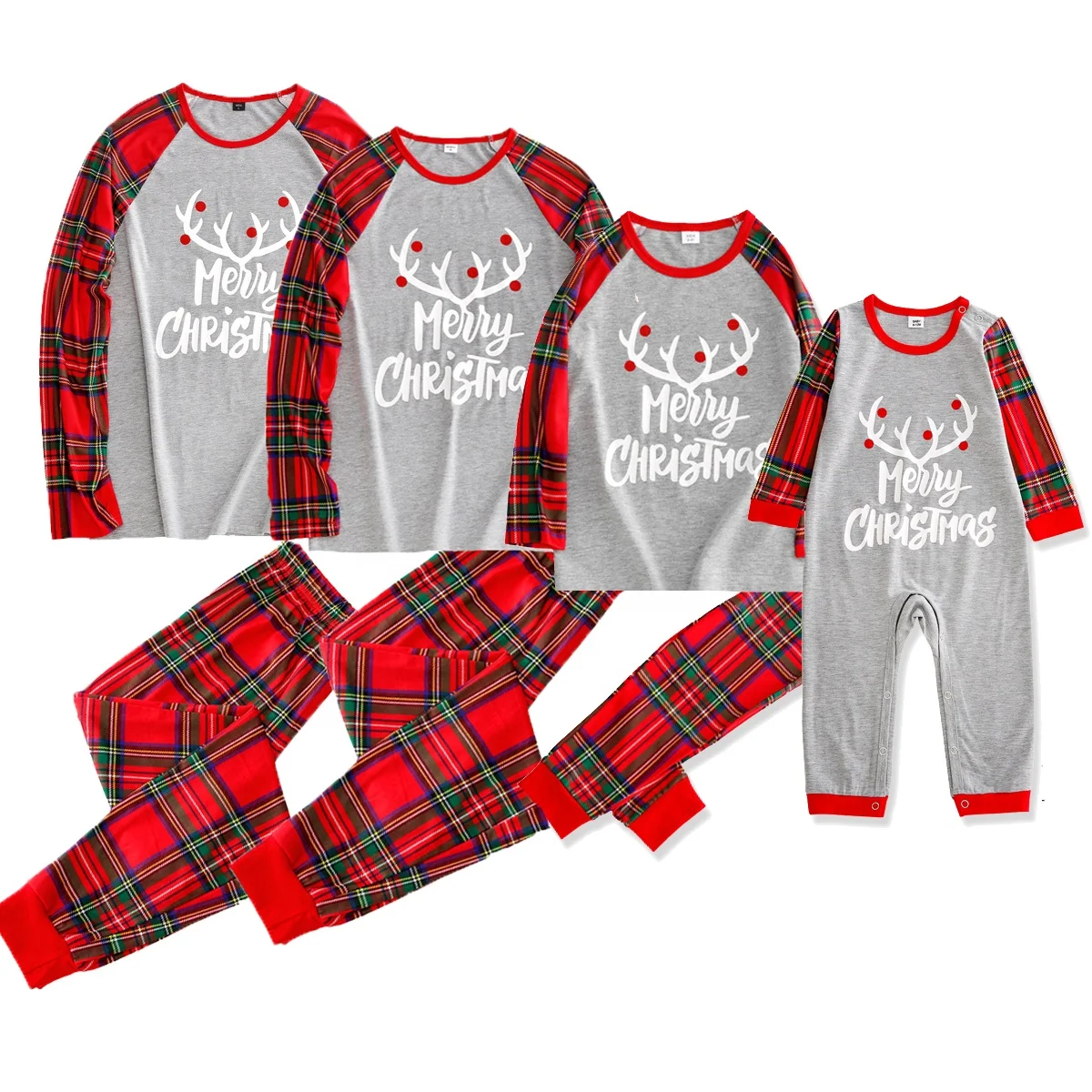 

New 2021 X-mas Pyjamas Decoration reindeer printed pjs set wholesale onesie cute plaid matching family christmas pajamas