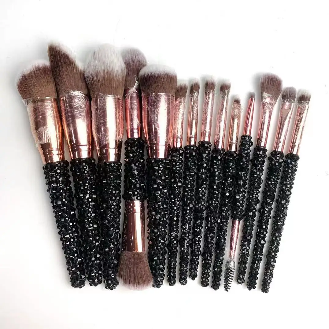 

Ins hot selling shiny Bling Crystal Handle Diamond 14pcs Makeup Brushes Glitter rhinestone Make-Up Brush Set custom design