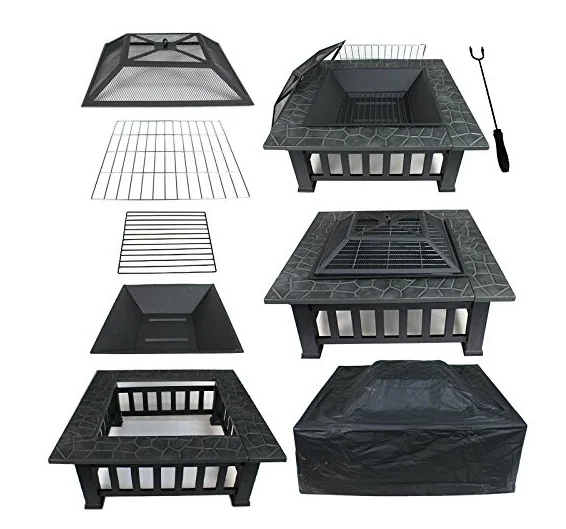 3 in 1 Square BBQ Fire Pit with Cooking mesh table cover heavy duty patio fire place outdoor garden backyard fire pit