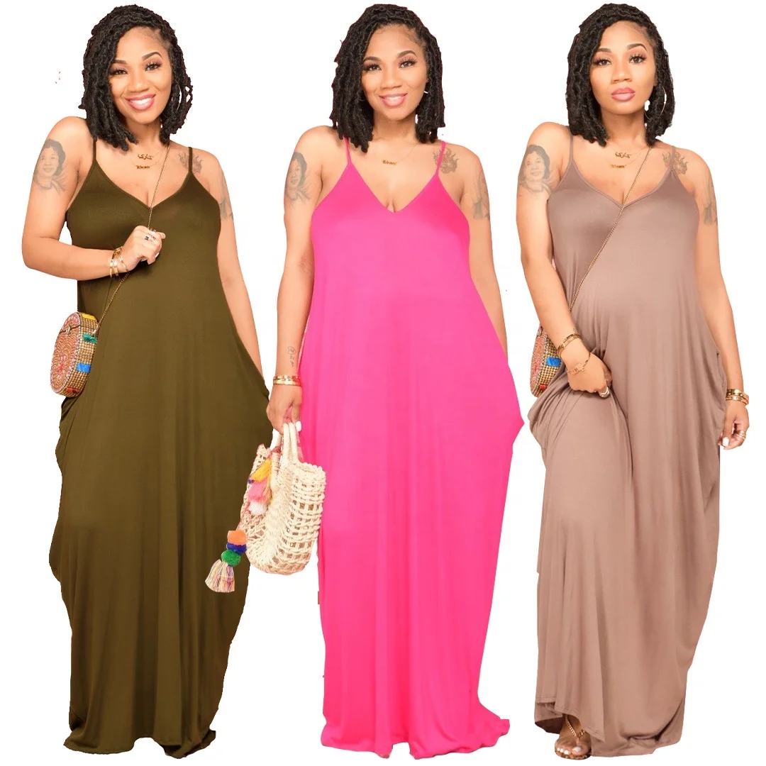 

W1361 Foreign trade summer solid color loose halter dress long skirt with pockets