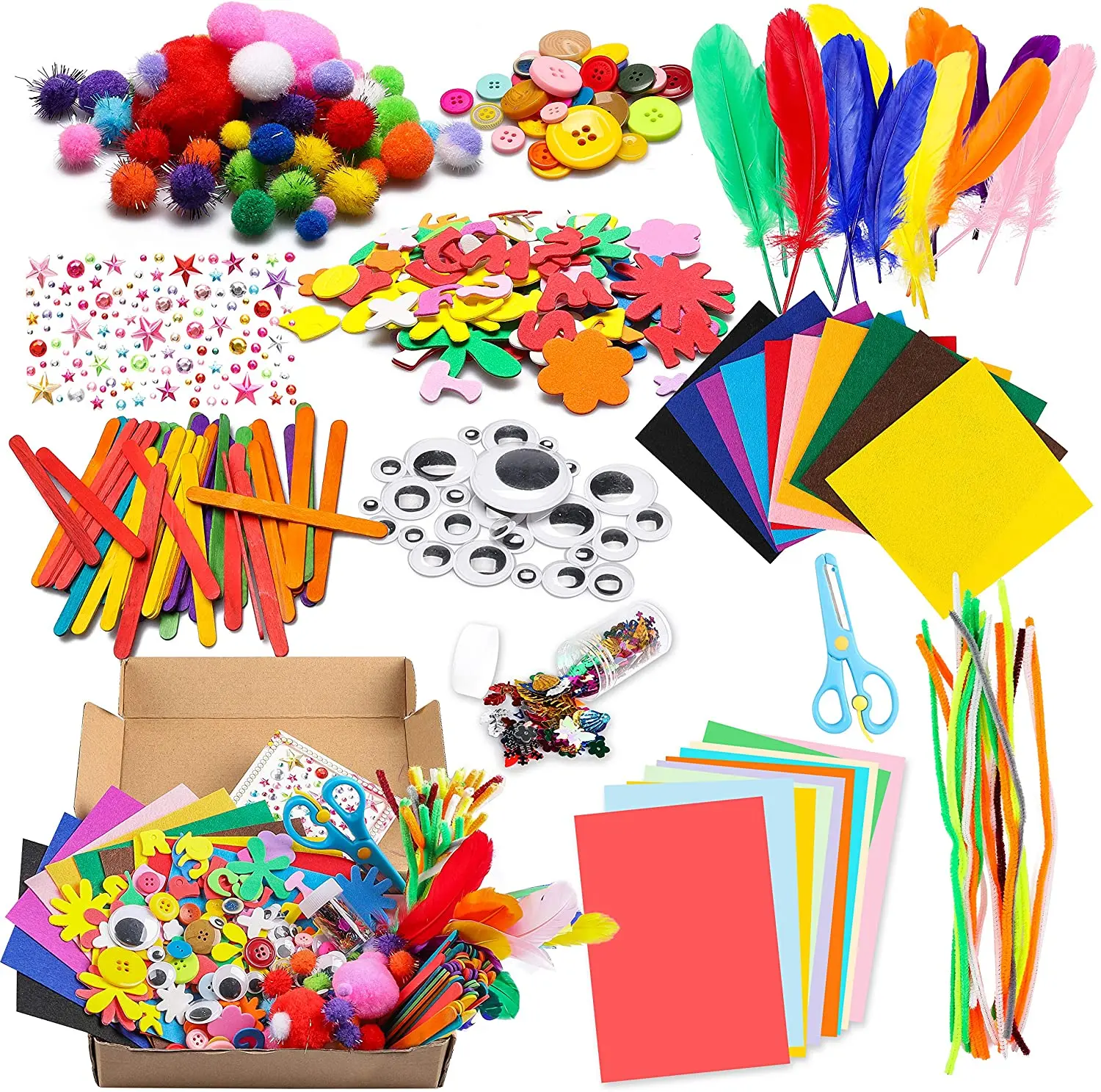 
1000Pcs DIY Art Craft Sets Supplies for Kids Crafting Supplies Kits Pipe Cleaners-Colour Felt- Glitter Poms- Feather-Buttons 